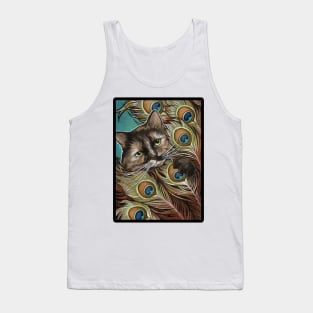 Tortie Cat and Peacock Feathers - Black Outlined Version Tank Top